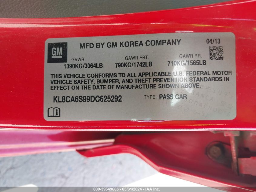 2013 Chevrolet Spark Ls Manual VIN: KL8CA6S99DC625292 Lot: 39549605