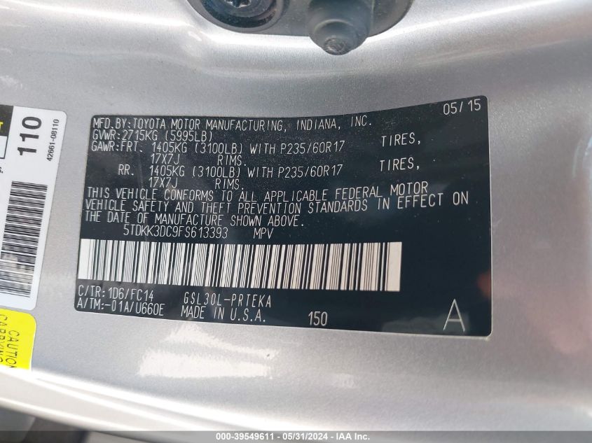 2015 Toyota Sienna Le 8 Passenger VIN: 5TDKK3DC9FS613393 Lot: 39549611