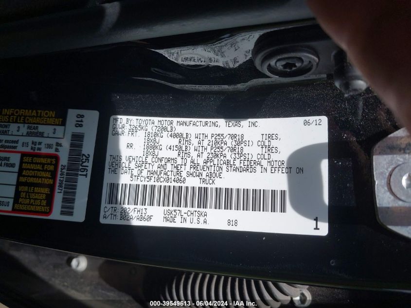 2012 Toyota Tundra Grade 5.7L V8 VIN: 5TFCY5F10CX014060 Lot: 39549613