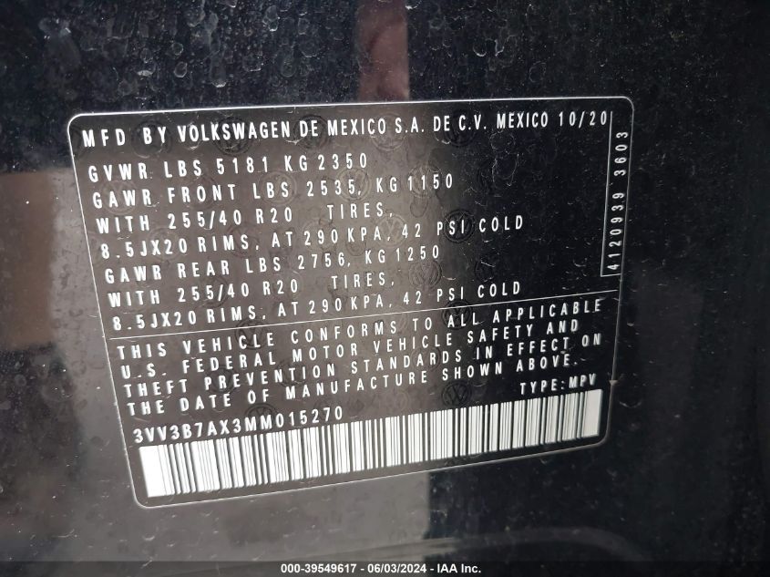 2021 Volkswagen Tiguan 2.0T Se/2.0T Se R-Line Black/2.0T Sel VIN: 3VV3B7AX3MM015270 Lot: 39585100