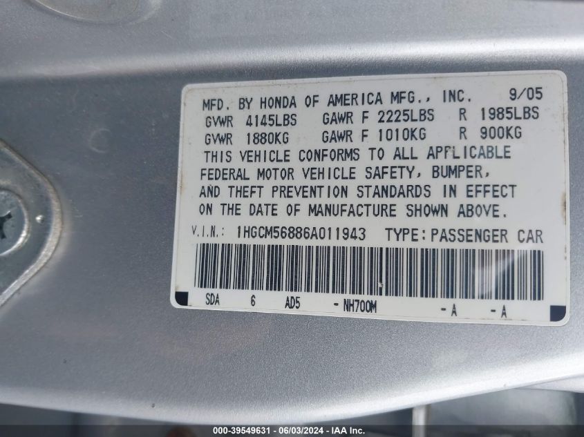 2006 Honda Accord 2.4 Ex VIN: 1HGCM56886A011943 Lot: 39549631