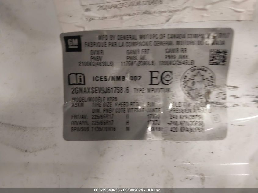 2018 Chevrolet Equinox Lt VIN: 2GNAXSEV9J6175816 Lot: 39549635