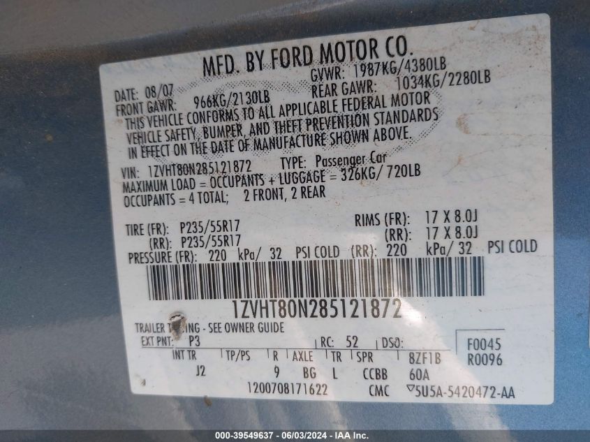 2008 Ford Mustang V6 Deluxe/V6 Premium VIN: 1ZVHT80N285121872 Lot: 39549637