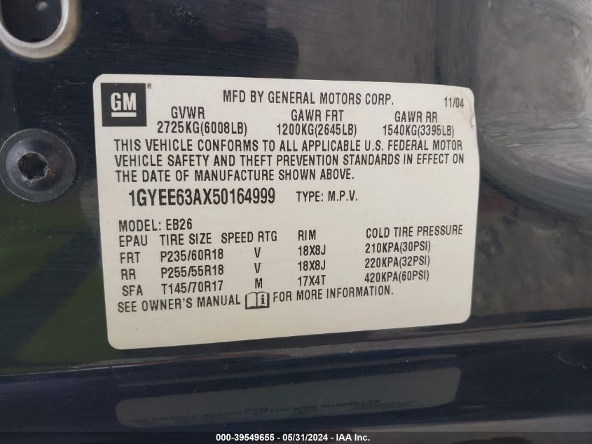 2005 Cadillac Srx V8 VIN: 1GYEE63AX50164999 Lot: 39549655