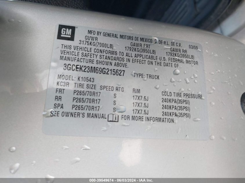 2009 Chevrolet Silverado 1500 Lt VIN: 3GCEK23M69G215627 Lot: 39549674