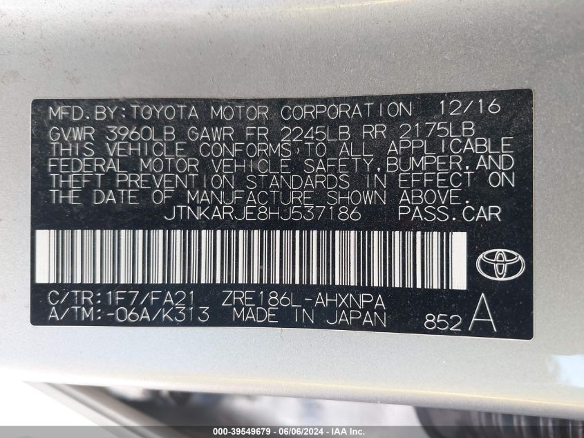 2017 Toyota Corolla Im VIN: JTNKARJE8HJ537186 Lot: 39549679