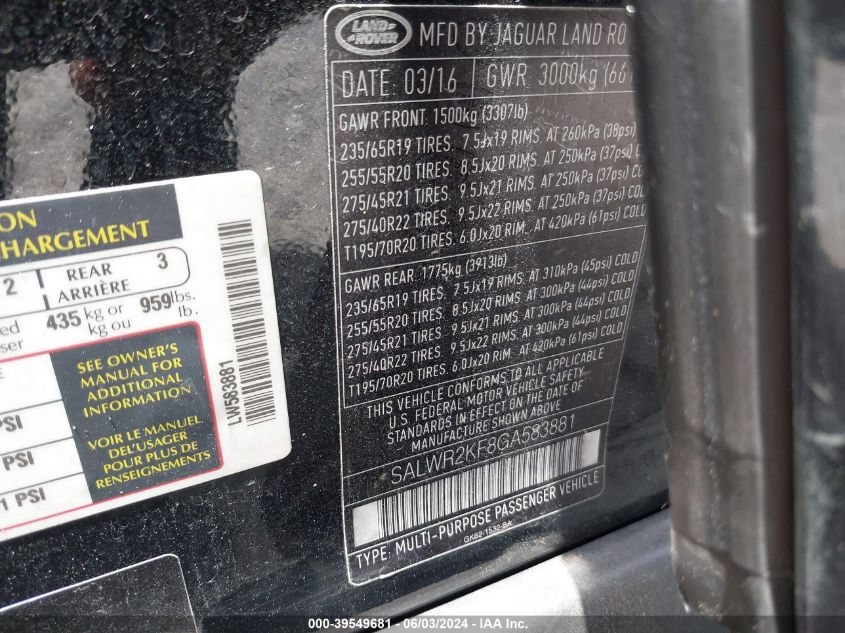 2016 Land Rover Range Rover Sport 3.0L V6 Turbocharged Diesel Hse Td6 VIN: SALWR2KF8GA583881 Lot: 39549681