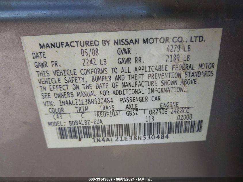 1N4AL21E38N530484 2008 Nissan Altima 2.5 S