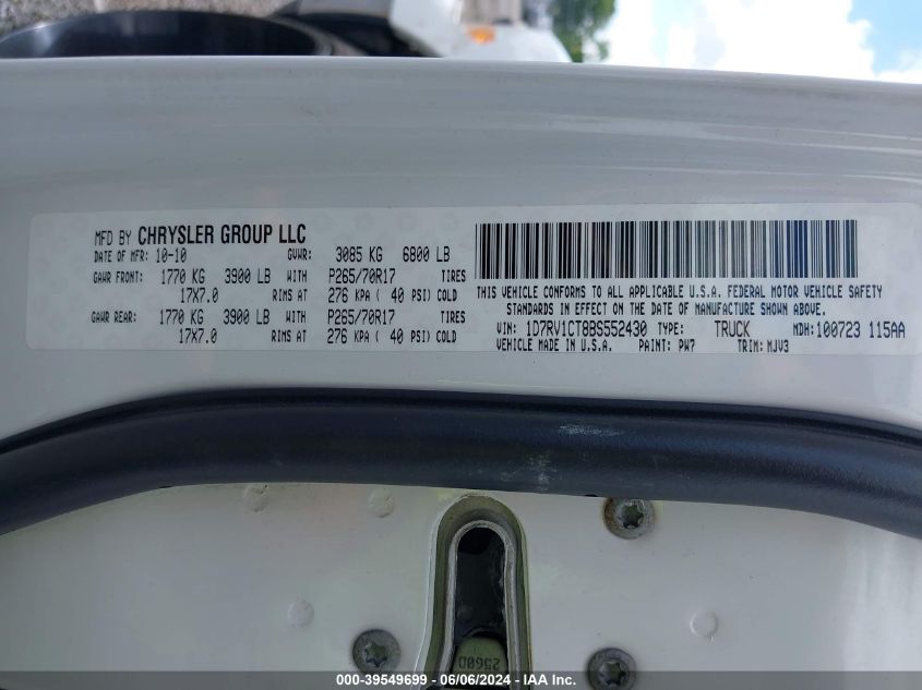 2011 Ram Ram 1500 Slt VIN: 1D7RV1CT8BS552430 Lot: 39549699