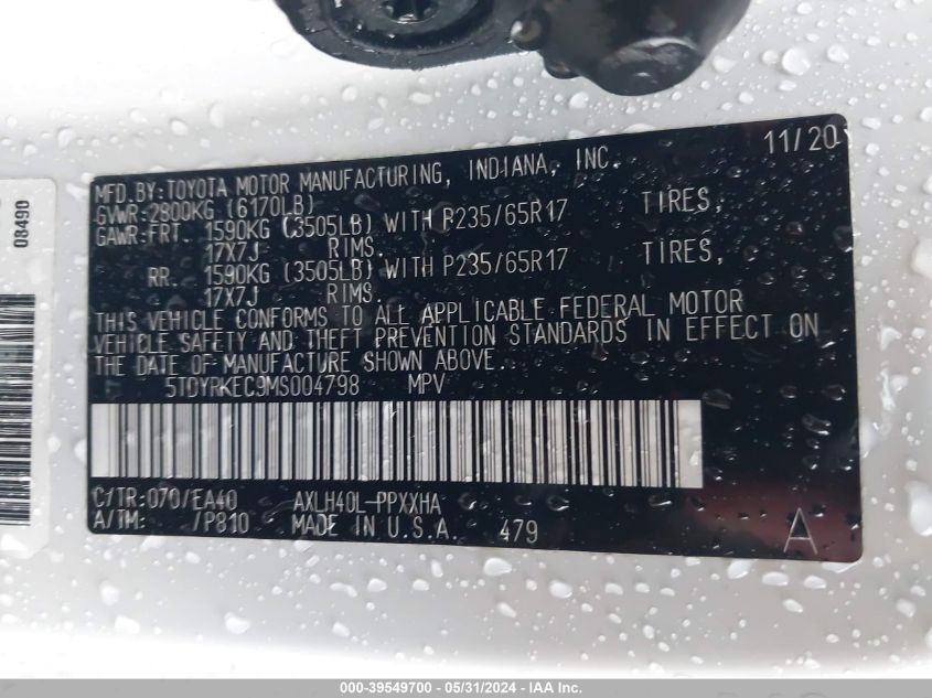 2021 Toyota Sienna Xle VIN: 5TDYRKEC9MS004798 Lot: 39549700