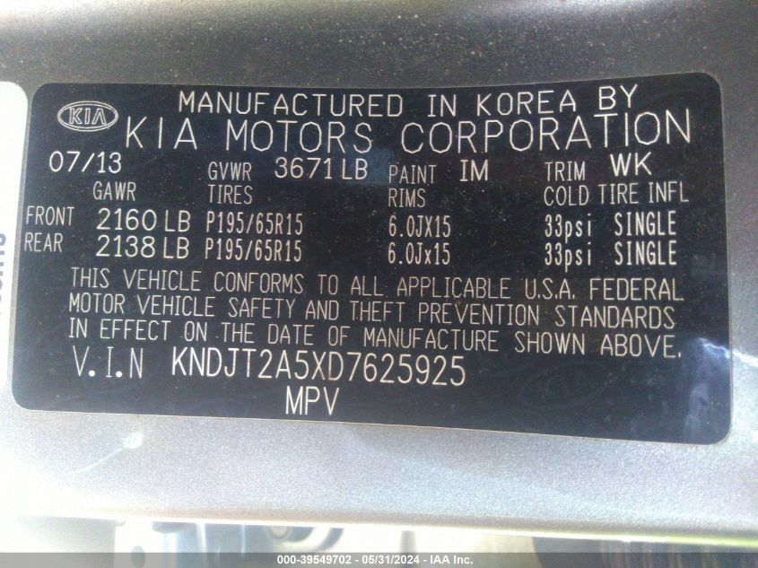 2013 Kia Soul VIN: KNDJT2A5XD7625925 Lot: 39549702