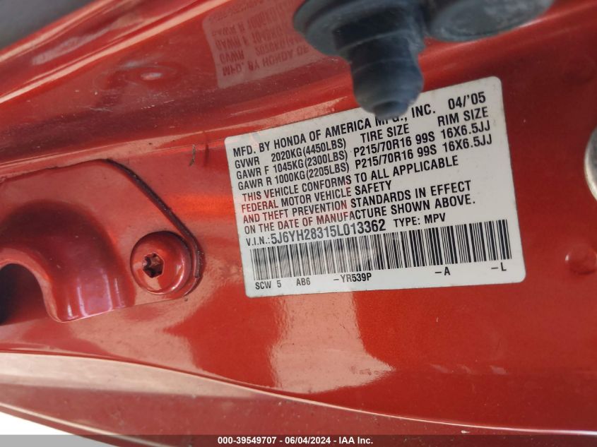 2005 Honda Element Lx VIN: 5J6YH28315L013362 Lot: 39549707