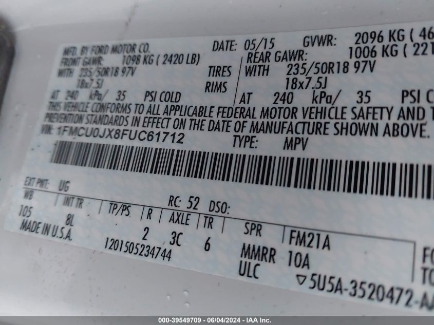 2015 Ford Escape Titanium VIN: 1FMCU0JX8FUC61712 Lot: 39549709