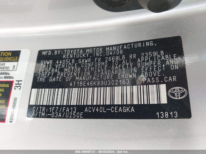 2009 Toyota Camry Xle VIN: 4T1BE46K89U302163 Lot: 39549721