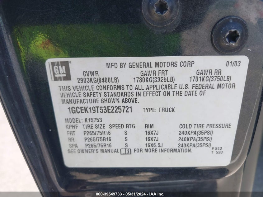 2003 Chevrolet Silverado 1500 Lt VIN: 1GCEK19T53E225721 Lot: 39549733