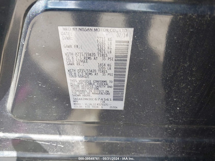 2014 Nissan Pathfinder Platinum VIN: 5N1AR2MN3EC674561 Lot: 39549761