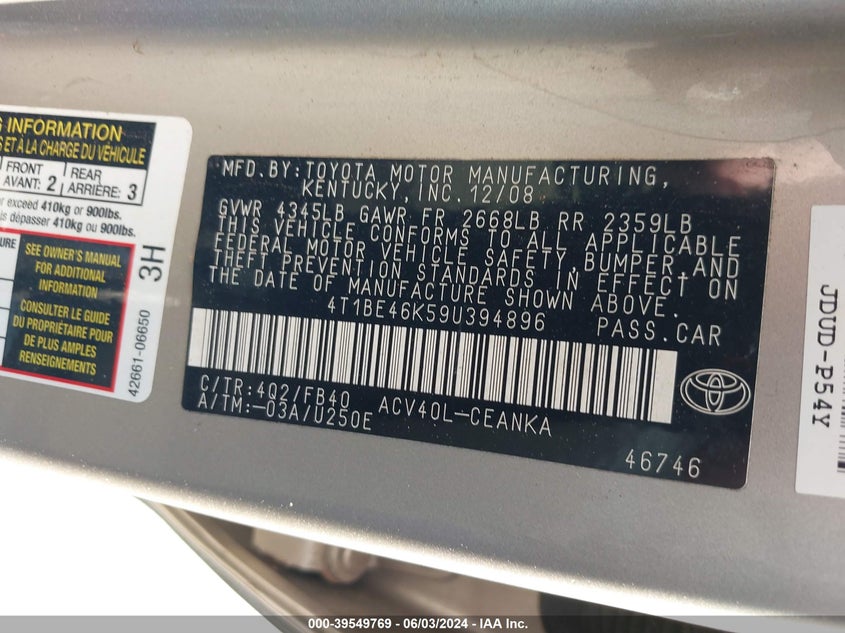 2009 Toyota Camry Le VIN: 4T1BE46K59U394896 Lot: 39549769