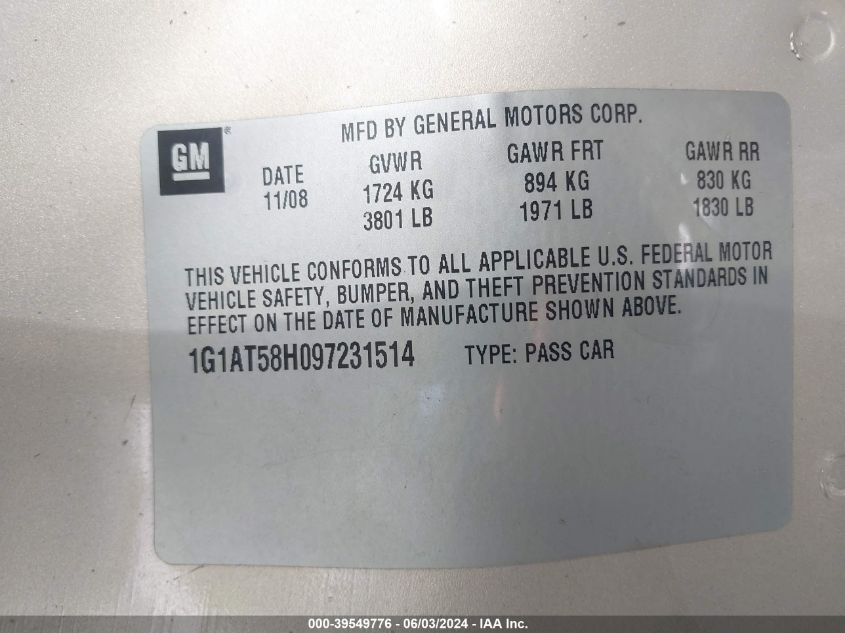 2009 Chevrolet Cobalt Lt VIN: 1G1AT58H097231514 Lot: 39549776