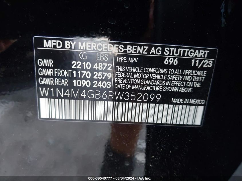 2024 Mercedes-Benz Glb 250 VIN: W1N4M4GB6RW352099 Lot: 39549777