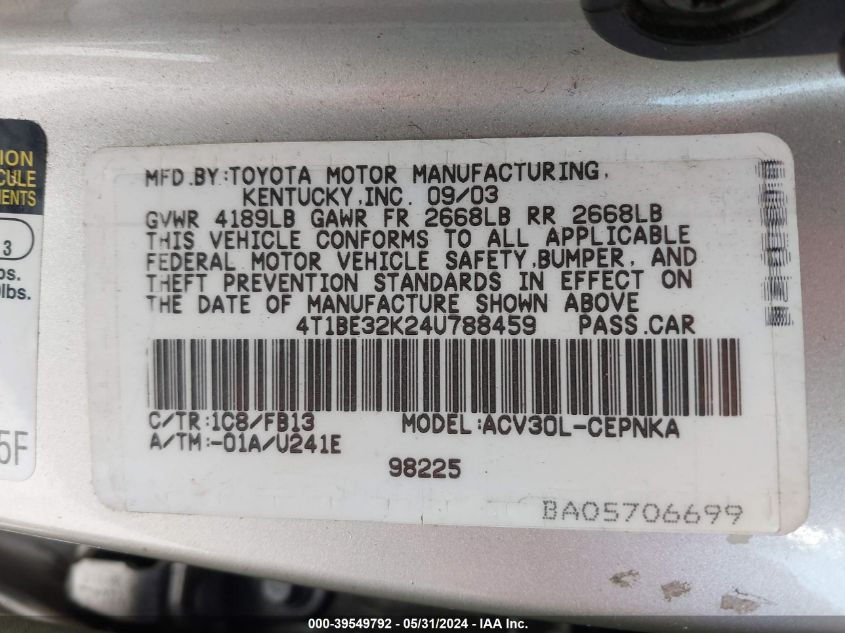 2004 Toyota Camry Le VIN: 4T1BE32K24U788459 Lot: 39549792