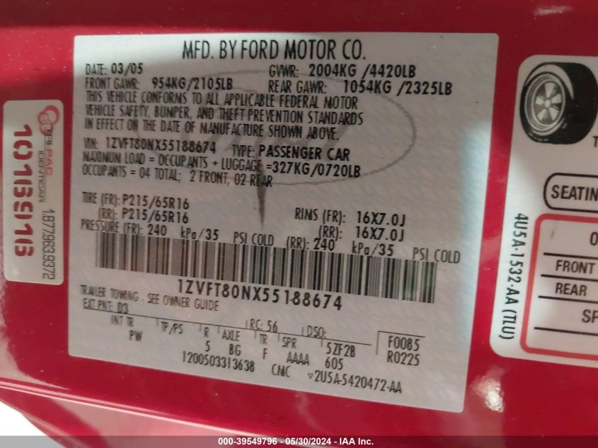 2005 Ford Mustang V6 Deluxe/V6 Premium VIN: 1ZVFT80NX55188674 Lot: 39549796