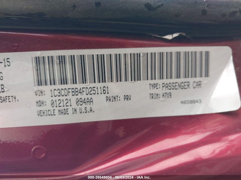 2015 Dodge Dart Sxt VIN: 1C3CDFBB4FD251161 Lot: 39549804