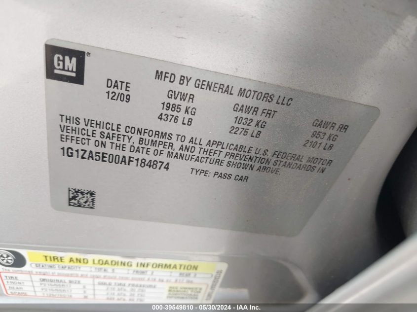 2010 Chevrolet Malibu Ls VIN: 1G1ZA5E00AF184874 Lot: 39549810