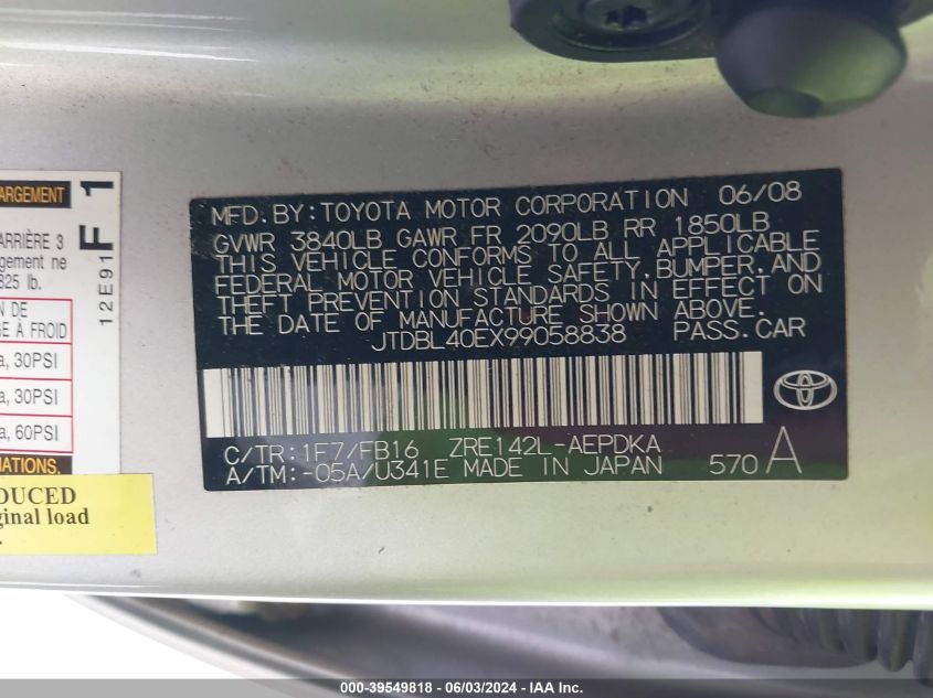 2009 Toyota Corolla Le VIN: JTDBL40EX99058838 Lot: 39549818