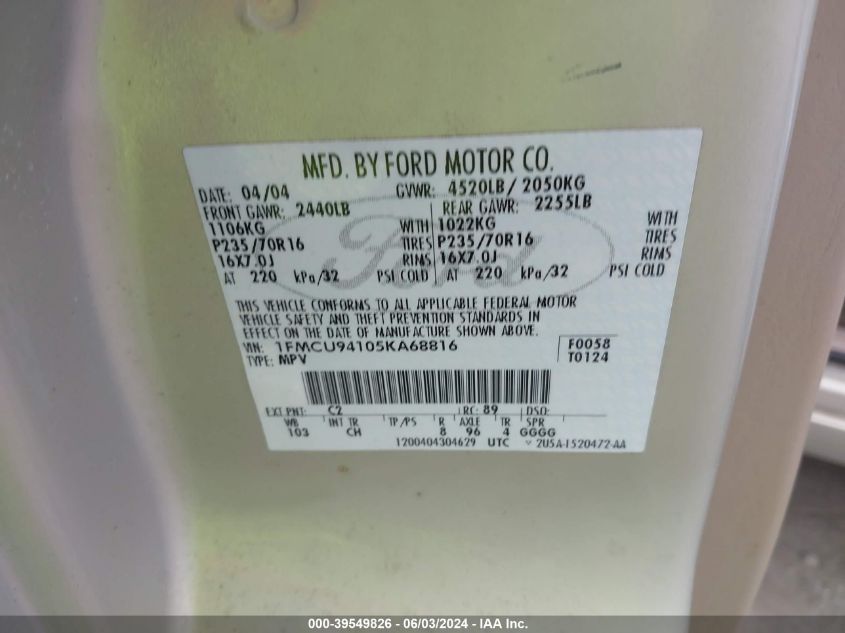 2005 Ford Escape Limited VIN: 1FMCU94105KA68816 Lot: 39549826