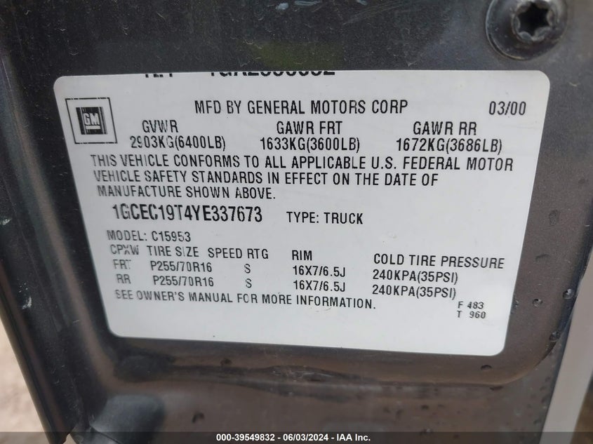2000 Chevrolet Silverado 1500 Ls VIN: 1GCEC19T4YE337673 Lot: 39549832