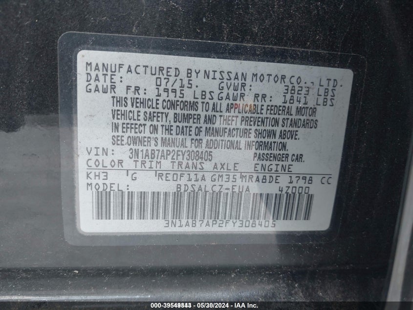 2015 Nissan Sentra S VIN: 3N1AB7AP2FY308405 Lot: 39549843