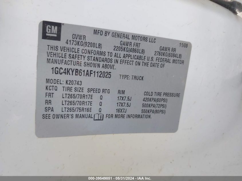 2010 Chevrolet Silverado 2500Hd Ltz VIN: 1GC4KYB61AF112025 Lot: 39549851