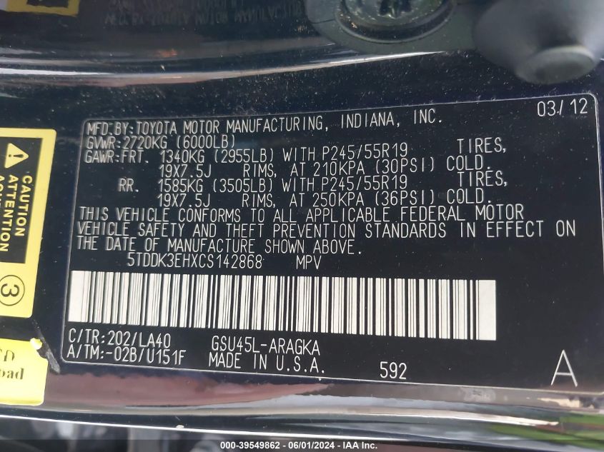 2012 Toyota Highlander Limited V6 VIN: 5TDDK3EHXCS142868 Lot: 39549862
