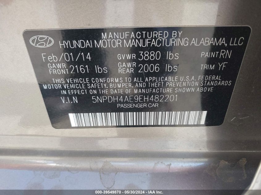 2014 Hyundai Elantra Limited VIN: 5NPDH4AE9EH482201 Lot: 39549870