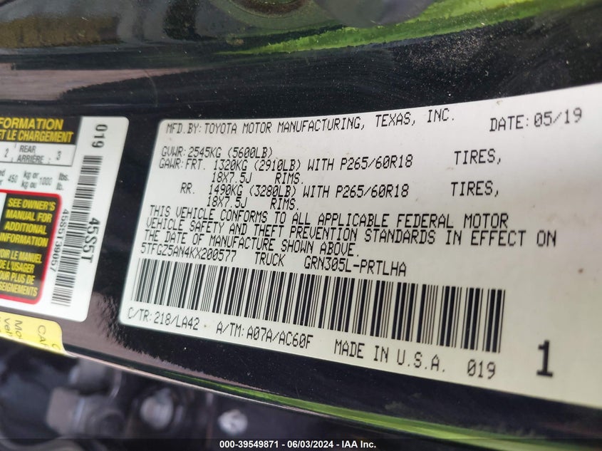 2019 TOYOTA TACOMA LIMITED - 5TFGZ5AN4KX200577