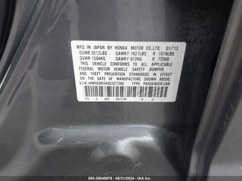 2013 Honda Fit VIN: JHMGE8H34DC027380 Lot: 39549878