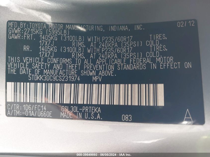 2012 Toyota Sienna Le V6 8 Passenger VIN: 5TDKK3DC9CS231974 Lot: 39549893