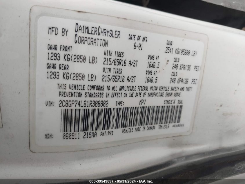 2001 Chrysler Town & Country Ex VIN: 2C8GP74L61R388882 Lot: 39549897