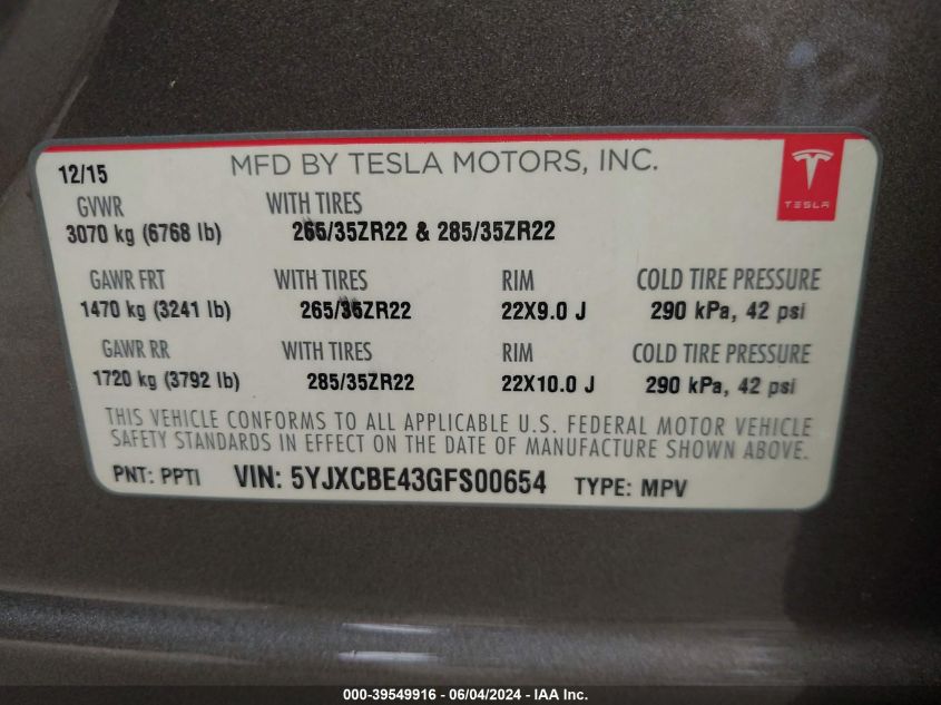 2016 Tesla Model X 75D/P100D/P90D VIN: 5YJXCBE43GFS00654 Lot: 39549916