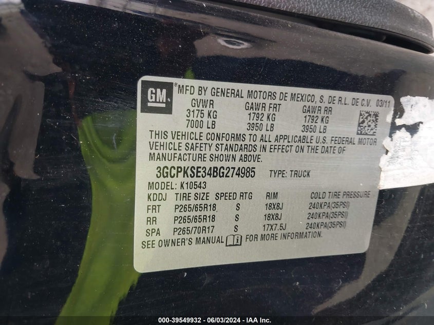 2011 Chevrolet Silverado 1500 Lt VIN: 3GCPKSE34BG274985 Lot: 39549932