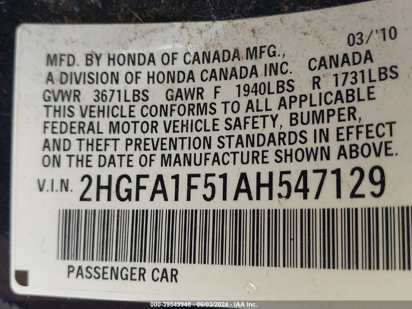 2010 Honda Civic Lx VIN: 2HGFA1F51AH547129 Lot: 39549948