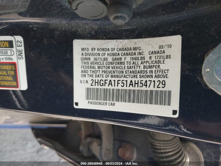 2010 Honda Civic Lx VIN: 2HGFA1F51AH547129 Lot: 39549948