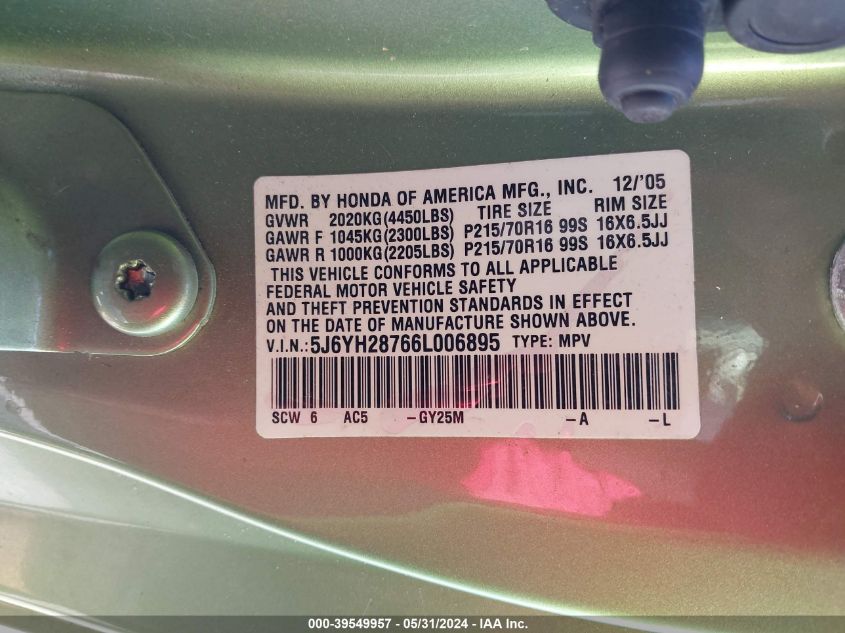 2006 Honda Element Ex-P VIN: 5J6YH28766L006895 Lot: 39549957