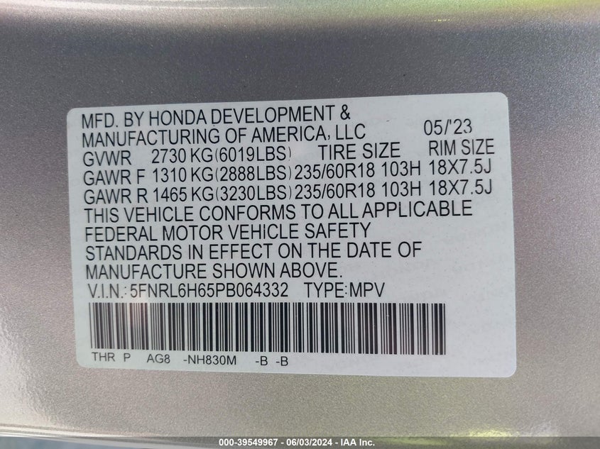 2023 Honda Odyssey Ex-L VIN: 5FNRL6H65PB064332 Lot: 39549967