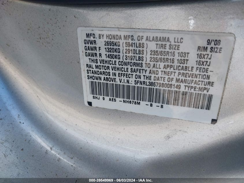 2009 Honda Odyssey Ex-L VIN: 5FNRL38679B008149 Lot: 39549969
