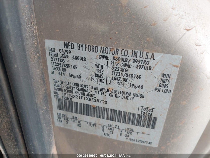 1999 Ford F-250 Lariat/Xl/Xlt VIN: 1FTNX21F1XEE38720 Lot: 39549970
