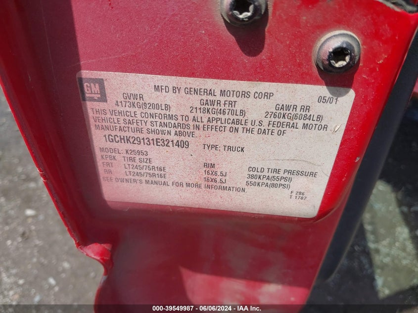 2001 Chevrolet Silverado 2500Hd Ls VIN: 1GCHK29131E321409 Lot: 39549987