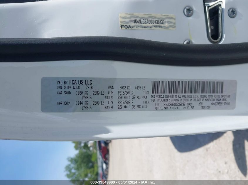 2016 Jeep Compass Sport VIN: 1C4NJCBA0GD738233 Lot: 39549989