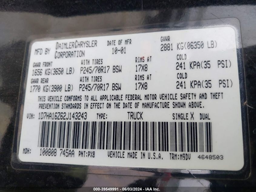 2002 Dodge Ram 1500 St VIN: 1D7HA16Z62J143243 Lot: 39549991