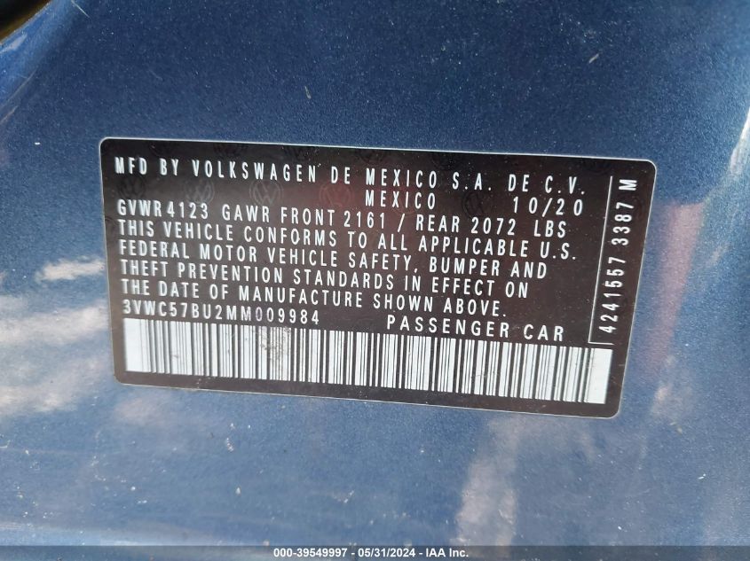 2021 Volkswagen Jetta 1.4T R-Line/1.4T S/1.4T Se VIN: 3VWC57BU2MM009984 Lot: 39549997